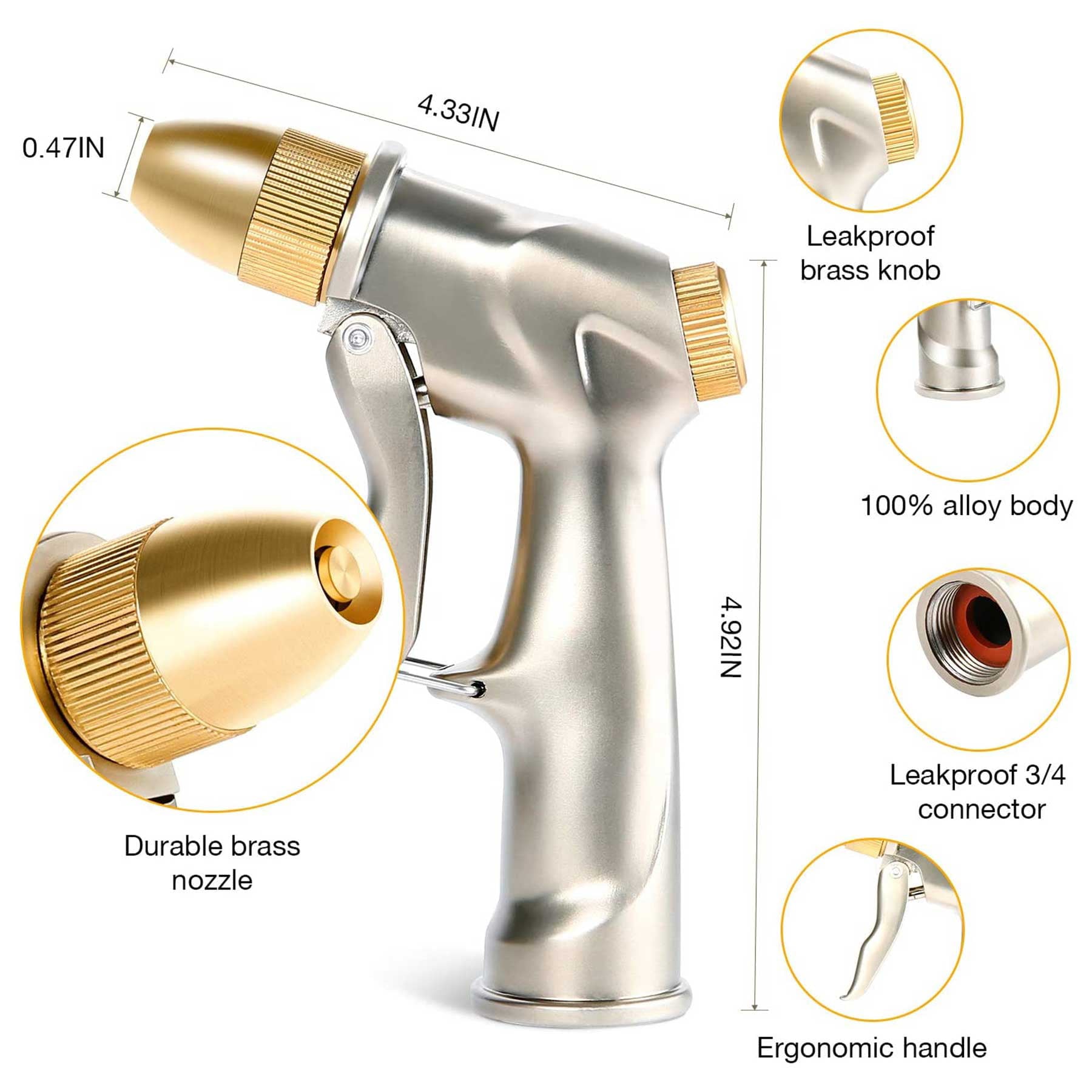 Crenova Garden Hose Nozzle 100% Brass Metal Water Nozzle Sprayer 4 Patterns High Pressure Handheld Pistol Grip Sprayer for Watering Plants Lawn Washing Car and Pets