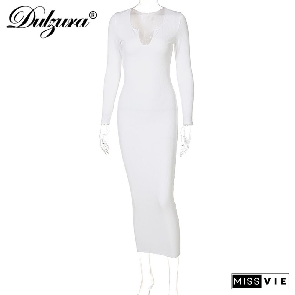 Dulzura Ribbed Knitted Women Pure Long Sleeve Midi Dress V Neck Bodycon Sexy Streetwear Party Elegant Summer Slim Clothes