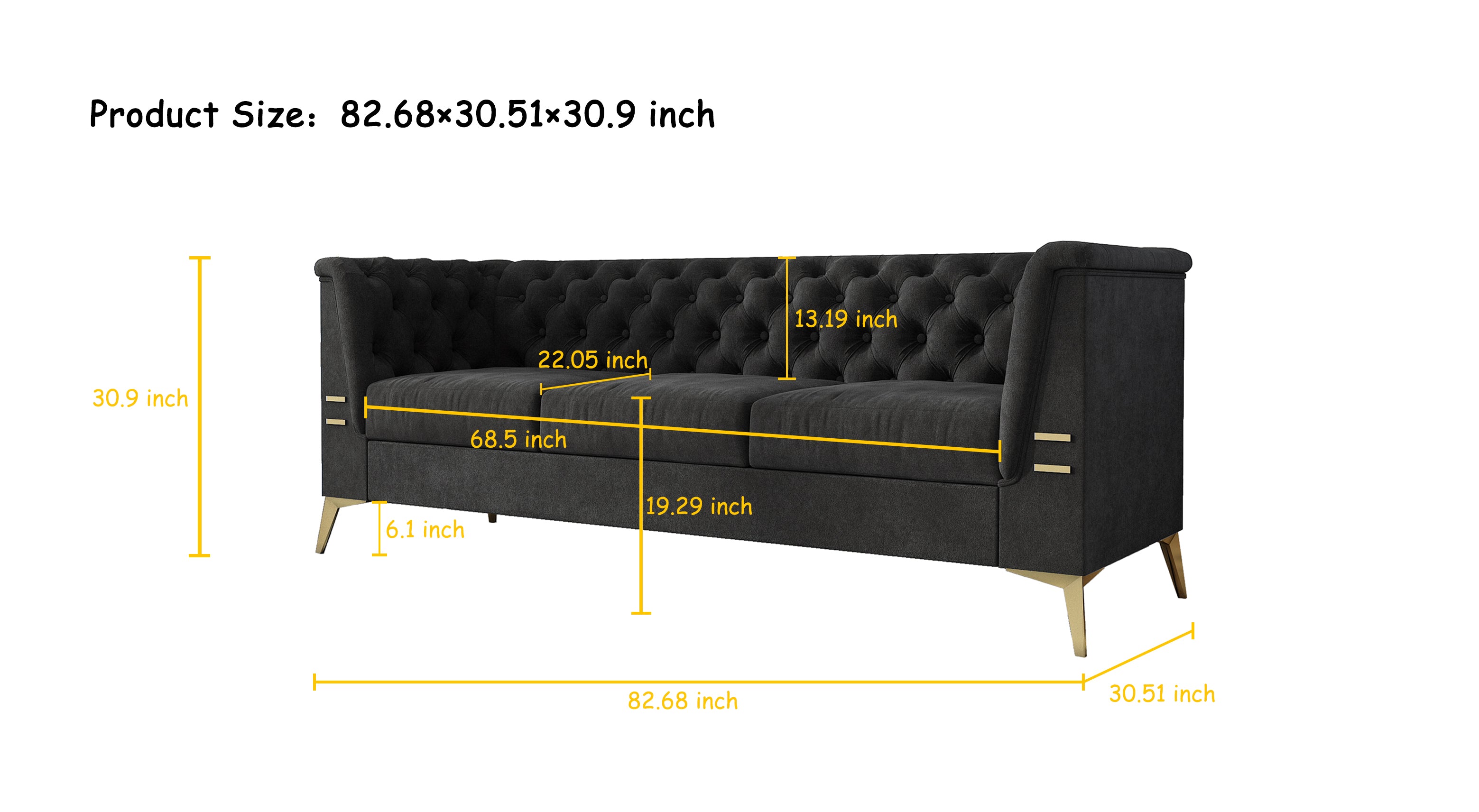 Velvet Chesterfield Style Sofa with Flared Arms and Tufted Back for Home Living Room - 3 seats Sofa Gray