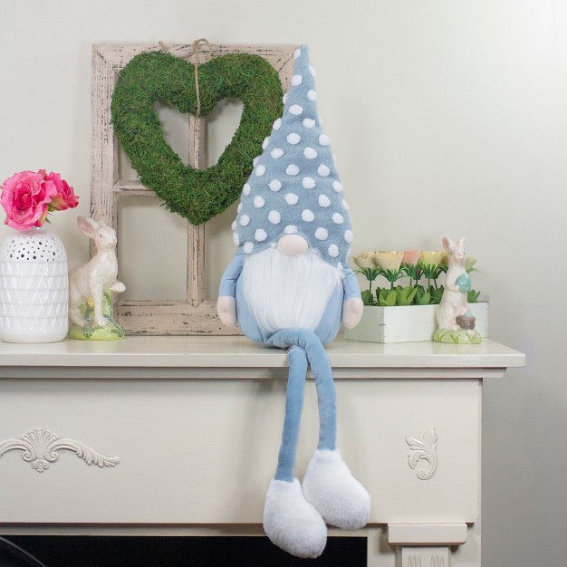 Blue And White Sitting Spring Gnome Figure With A Polka Dot Hat And Legs