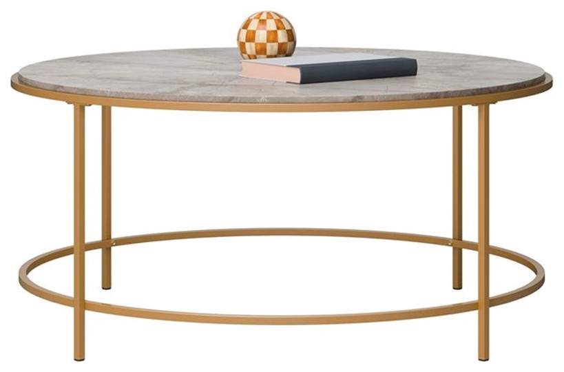 Pemberly Row Metal Frame Round Coffee Table in Gold Satin/Deco Stone   Contemporary   Coffee Tables   by Homesquare  Houzz