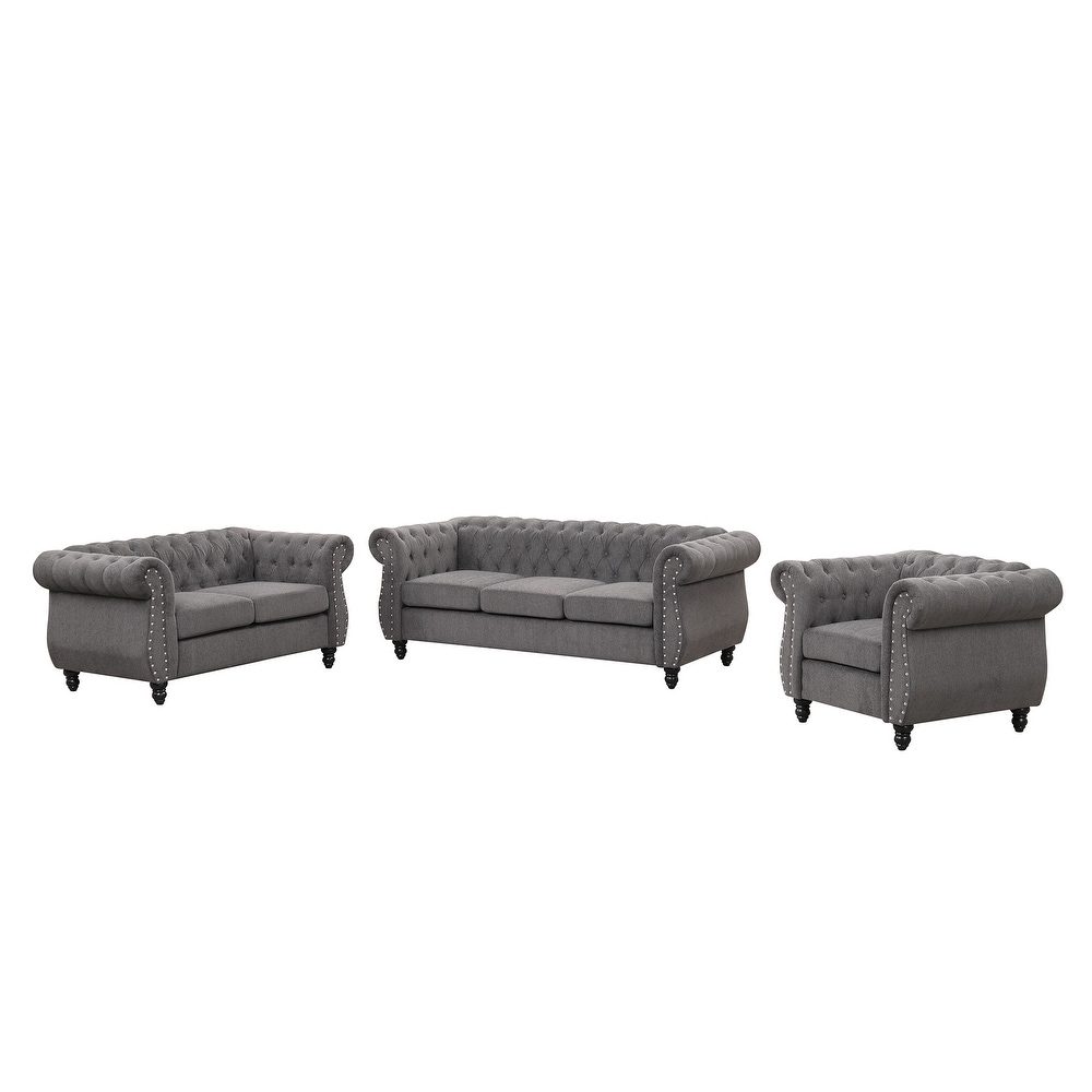 3 Piece Button Down Tufted Dutch Velvet Upholstered Sofa Sets  Including Three Seater Sofa  Two Seater and Set Single Chair