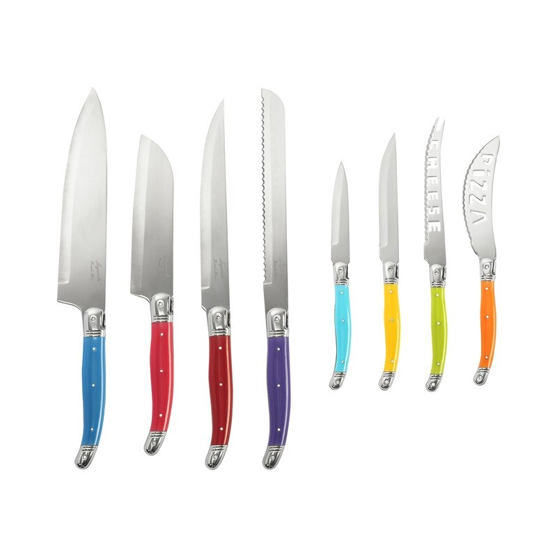 French Home 8 Piece Laguiole Kitchen Knife Set with Wood Block  Rainbow Colors