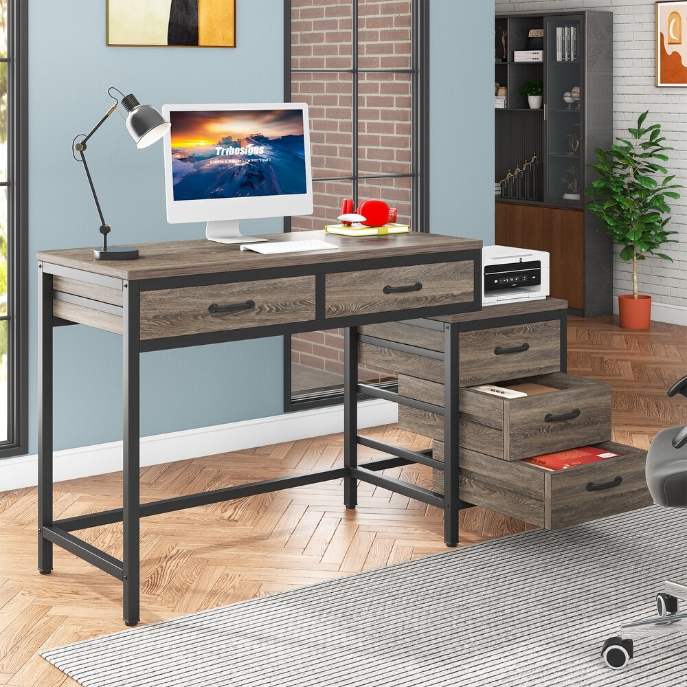 Reversible Computer Desk with 5 Drawers  Home Office Desk with File Cabinet Drawer Printer Stand