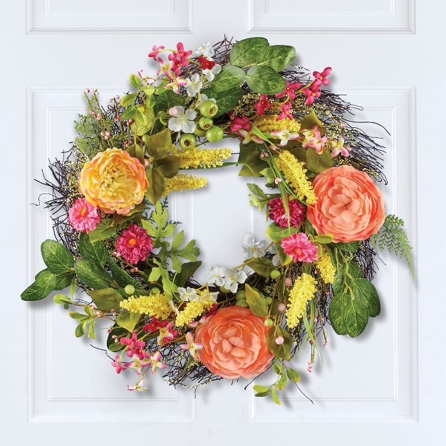 Collections Etc Yellow And Pink Rose Wild Flower Hanging Wreath