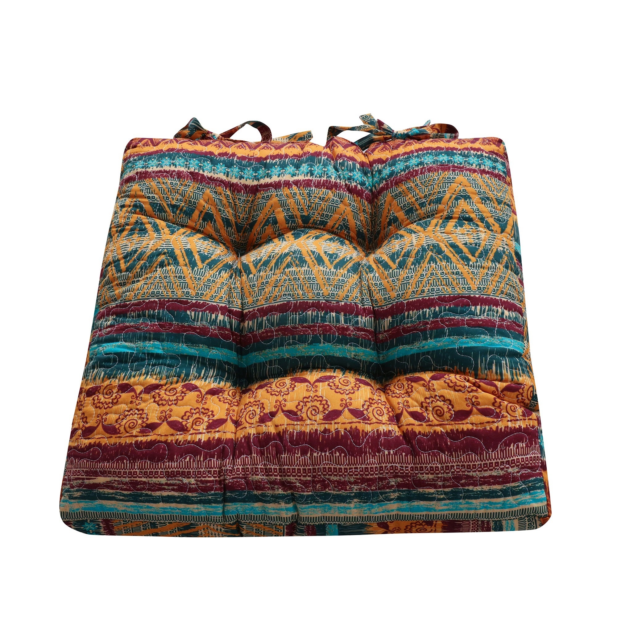 4 Piece Microfiber Chair Pad Cushion Set， Tribal Inspired Print， Multicolor