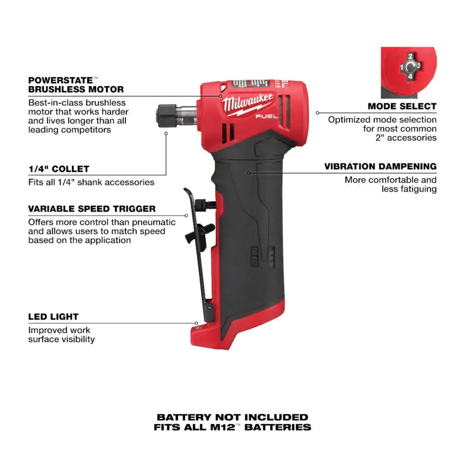 Milwaukee M12 Fuel 12V Lithium-Ion Brushless Cordless 1/4 in. Right Angle and Straight Die Grinder Kit， Tool-Only (2485-20-2486-20)