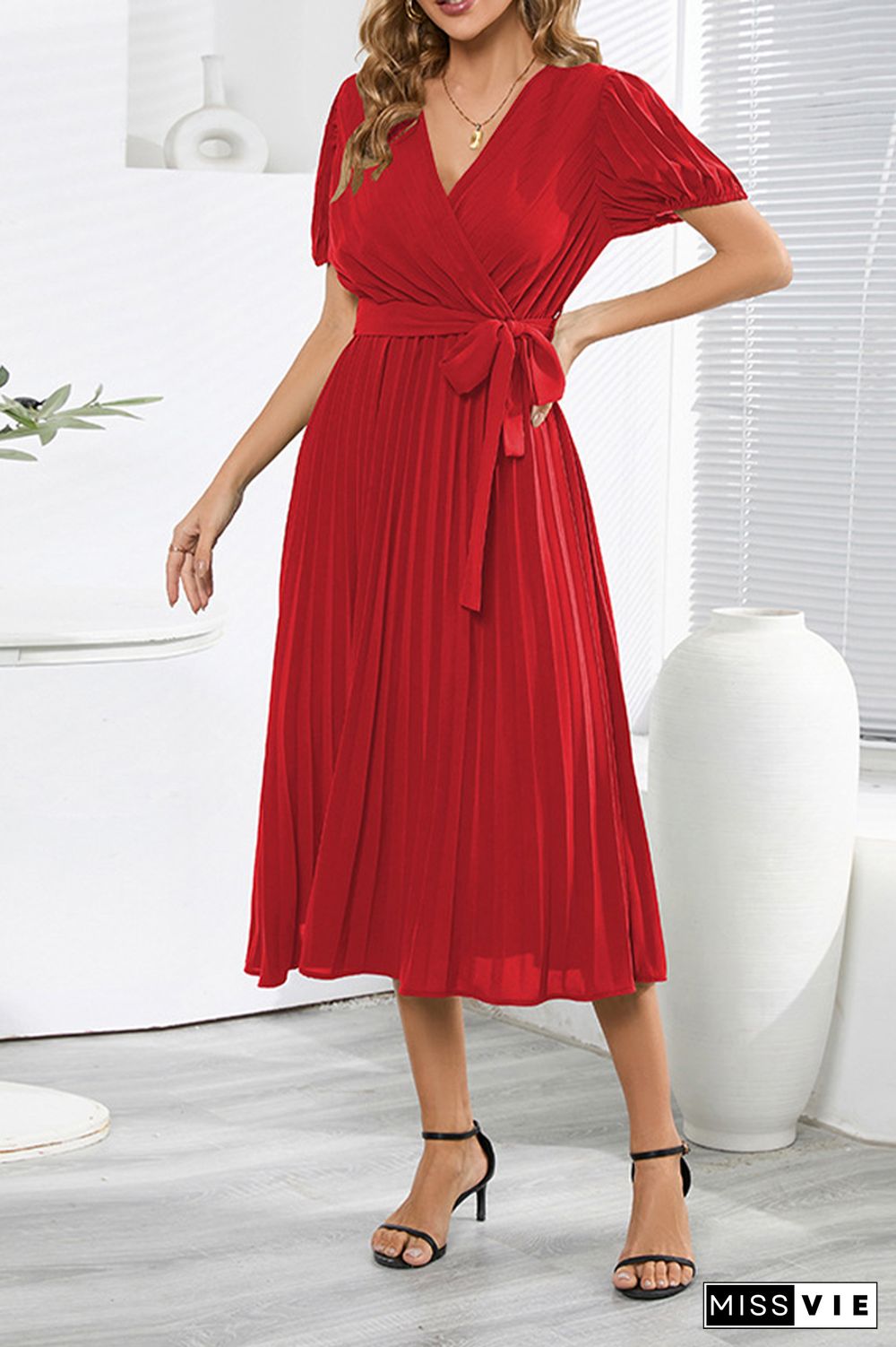 Plain Wrap V Neck Pleated Midi Dress With Sash