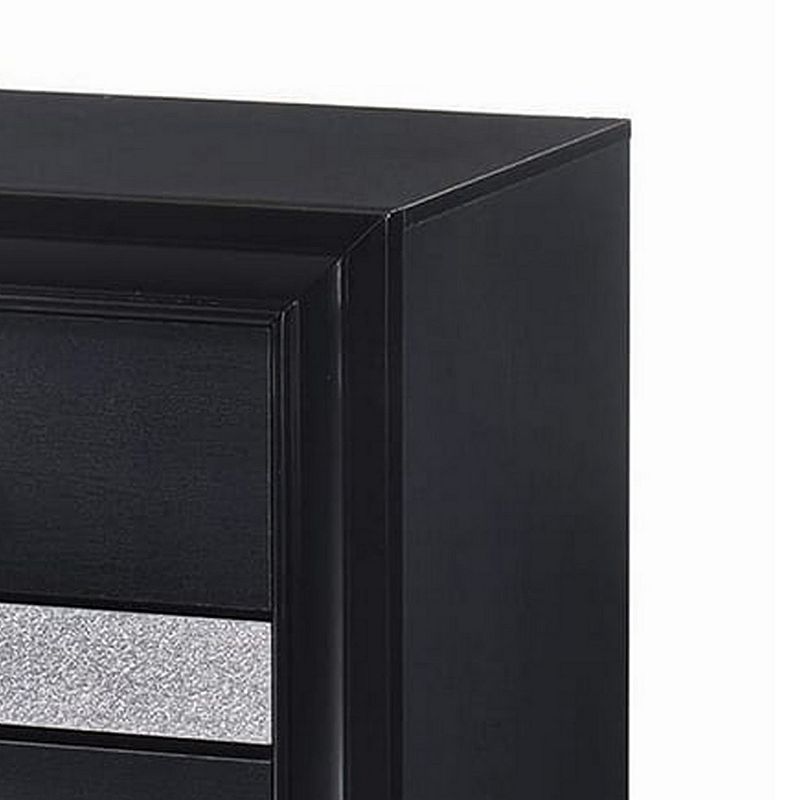 Nightstand with 2 Drawers and Rhinestone Pull Handles， Black and Silver