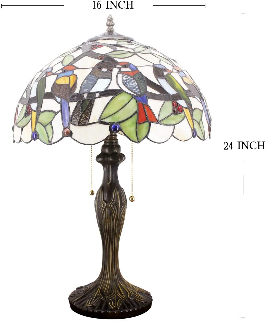  Table Lamp Colorful Stained Glass Birds Bedside Lamp 16X16X24 Inches Desk Reading Light Metal Base Decor Bedroom Living Room Home Office S805 Series