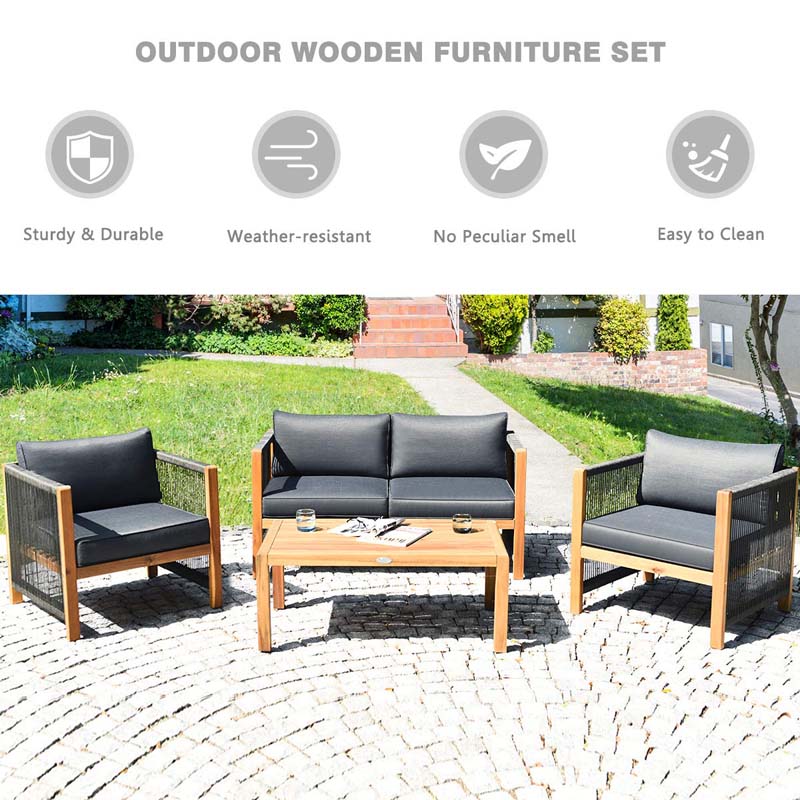 4 Pcs Acacia Wood Outdoor Loveseat Sofa Set with 2 Single Chairs & Coffee Table, Cushions