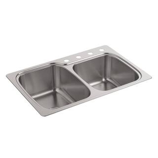 KOHLER Verse Drop-In Stainless Steel 33 in. 4-Hole Double Bowl Kitchen Sink K-75791-4-NA