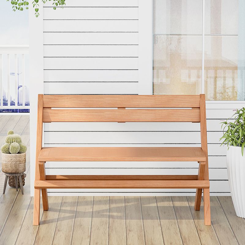 2-person Teak Wood Folding Outdoor Benches With Slatted Seat