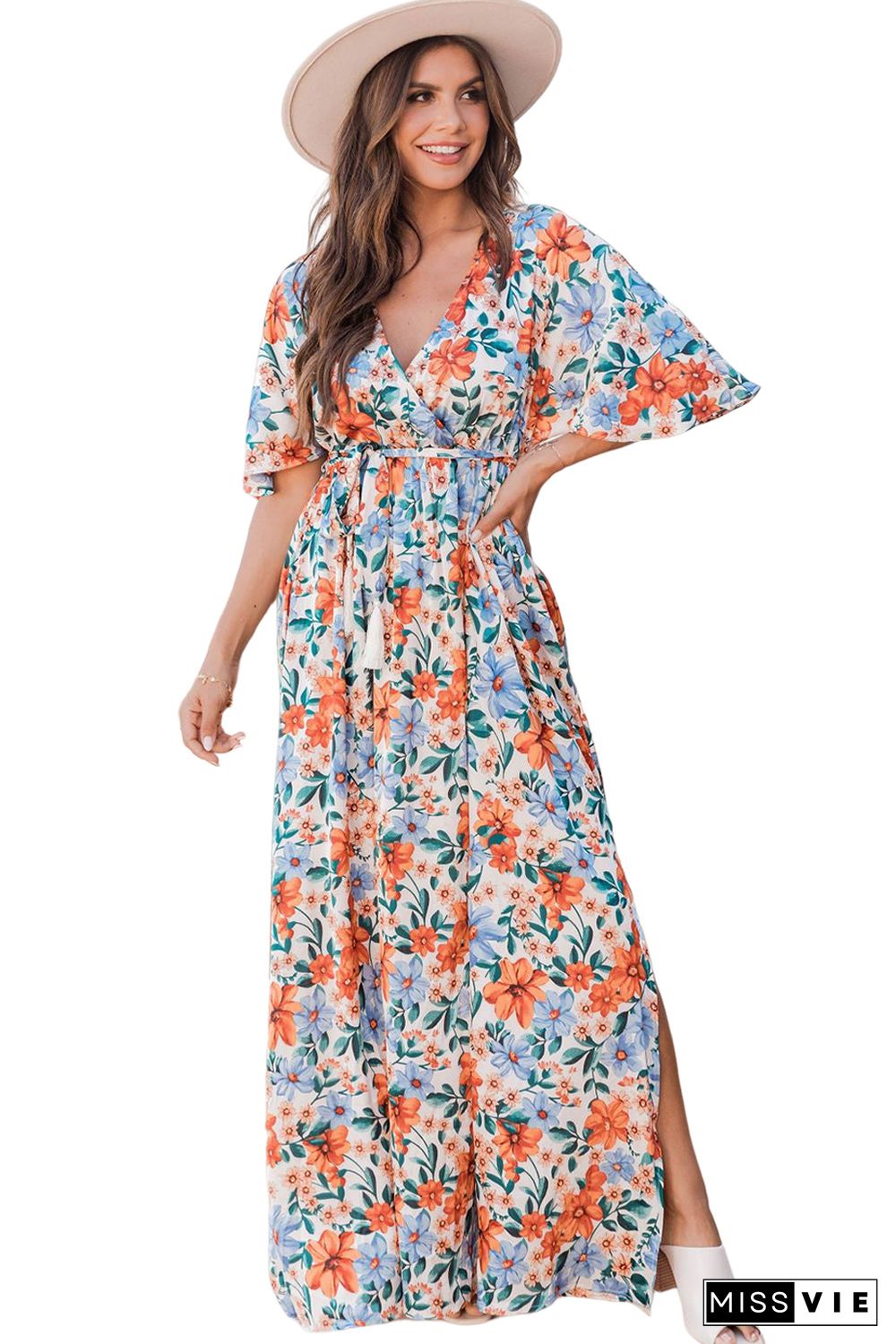 Sky Blue Floral Print Wrap Belted Maxi Dress