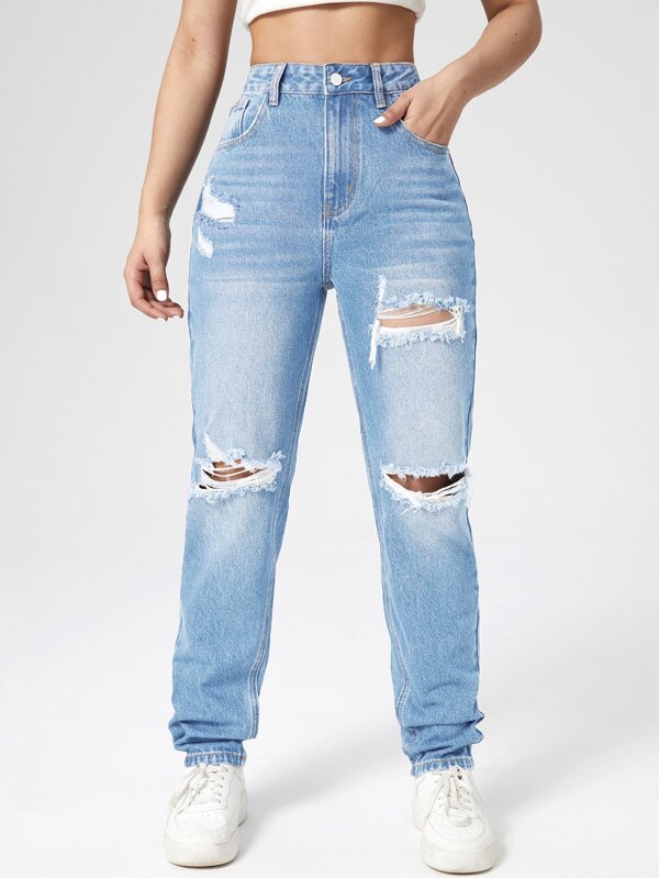 Washed Ripped Mom Jeans