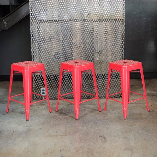 AmeriHome Loft Red 24 in. Metal Bar Stool - 3 Piece