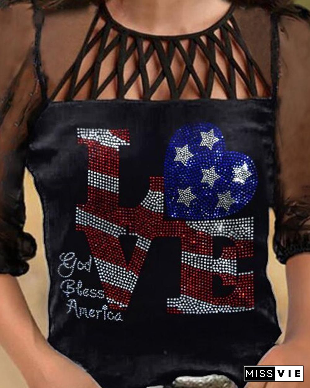 Independence Day Print Long Sleeve Mesh Contrast T-shirt P12383