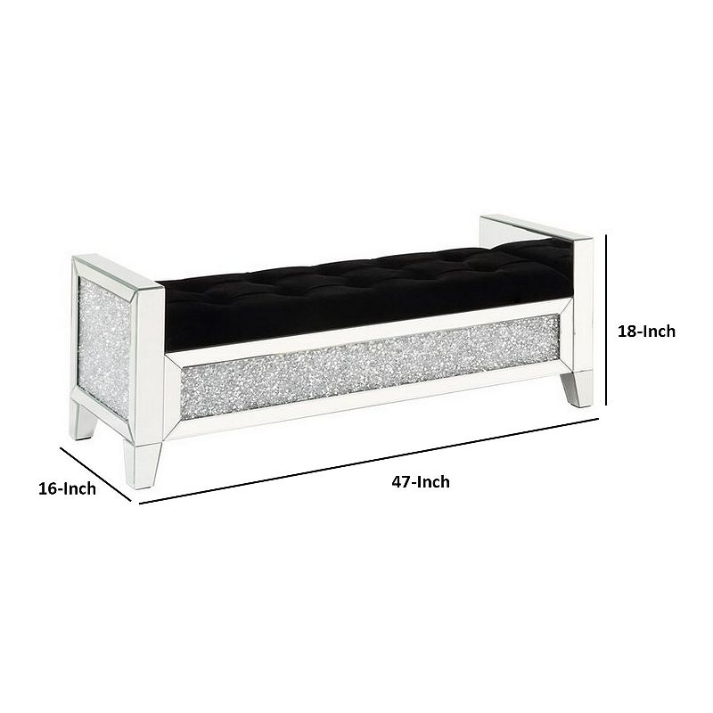 Mirrored Bench with Faux Diamonds and Button Tufted Seat， Silver