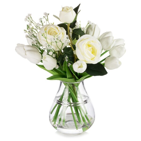 Mixed Rose and Tulip Flower Arrangement in Clear Glass Vase with Acrylic Water for Home Wedding Decoration