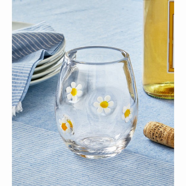 Tag 16 Oz Flower Clear Glass Yellow And White Daisy Flower Stemless Wine Drinkware