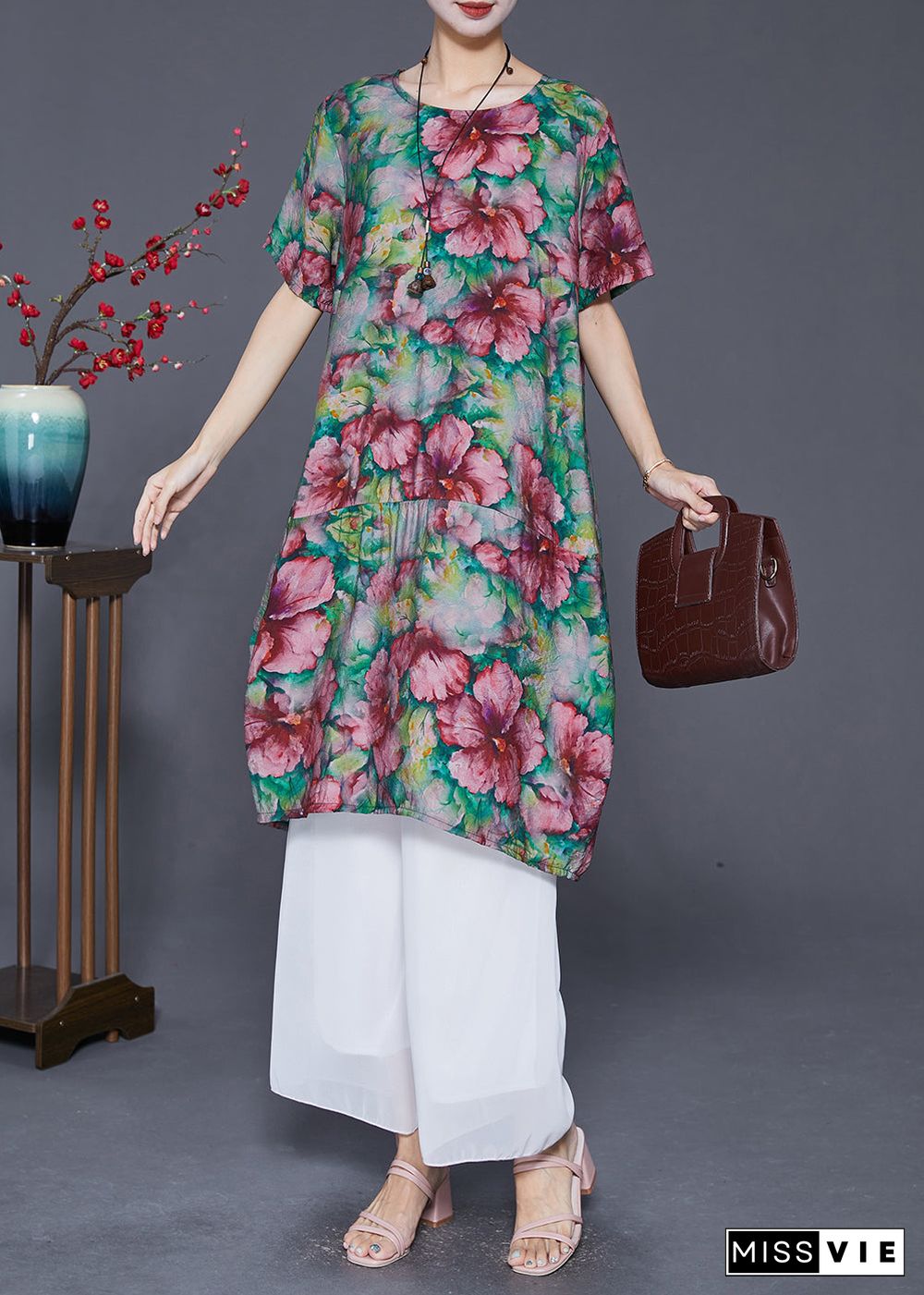 Elegant Slim Fit Floral Print Linen Holiday Dress Summer