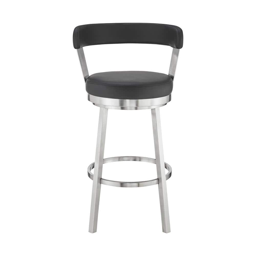 Armen Living Kobe 30 in. Bar Height Low Back Swivel Bar Stool in Brushed Stainless Steel and Black Faux Leather 721535761791