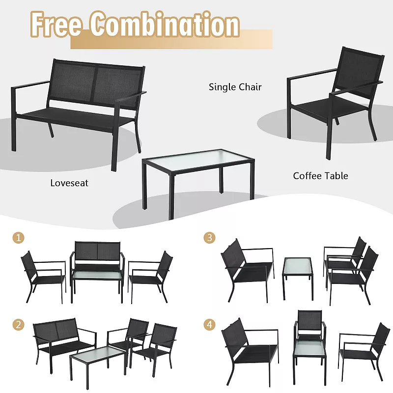 4 PCS Patio Furniture Set Sofa Coffee Table Steel Frame Garden