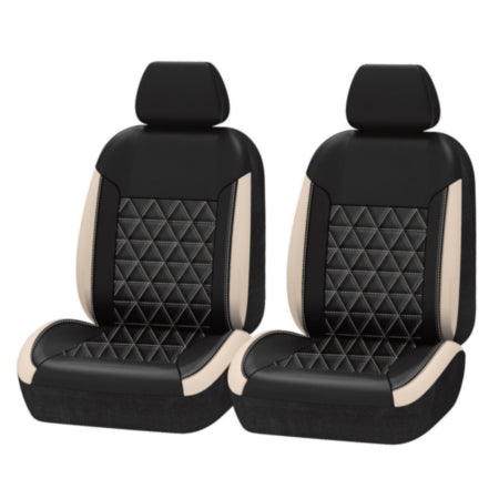 Autocraft Car and SUV Seat Cover， Black/Cream Faux Leather， Luxury， Universal， 2PK Low Back， Quilting