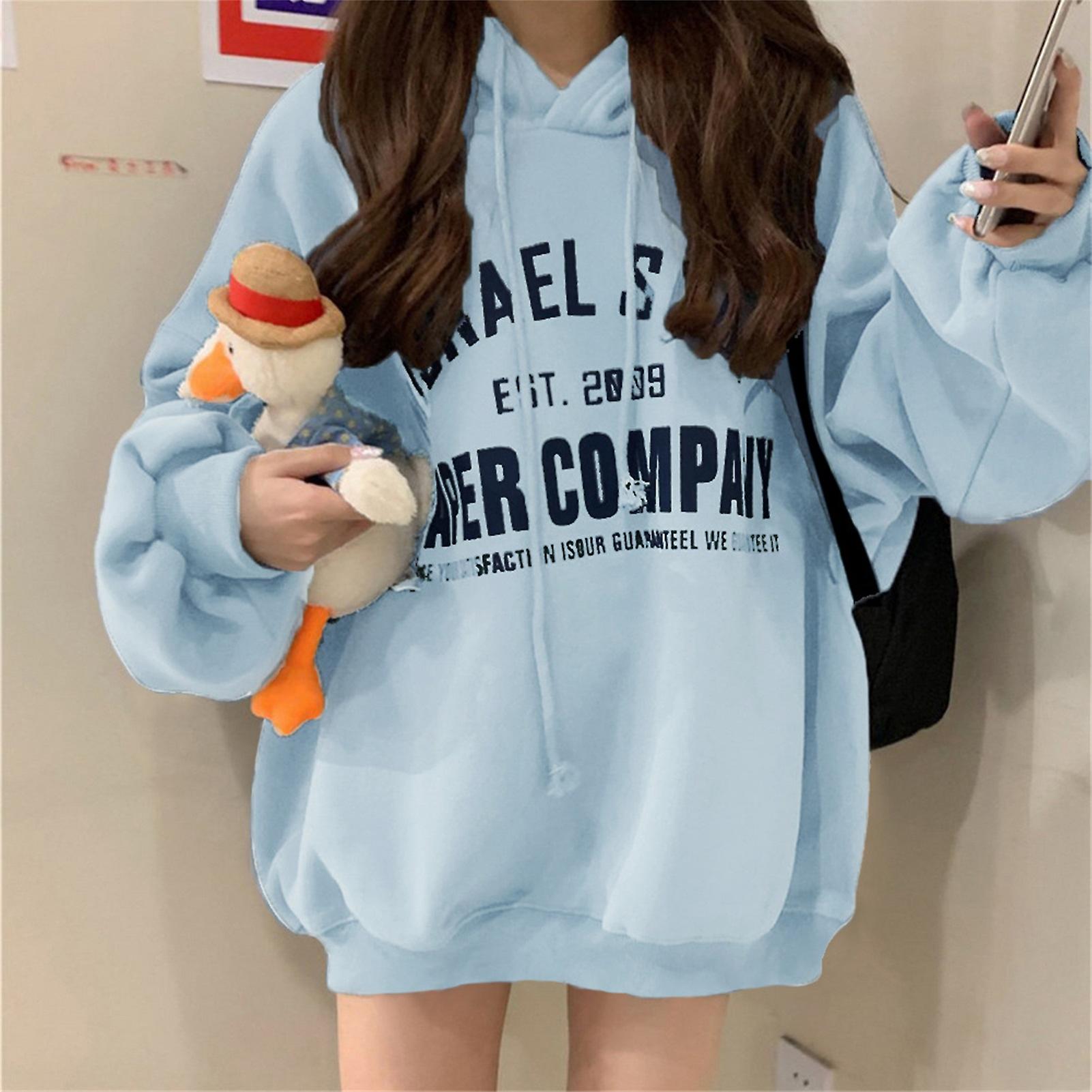 Women Casual Hoodies Long Sleeve Letter Printing Drawstring Pullover For Autumn Winter Blue Xxl