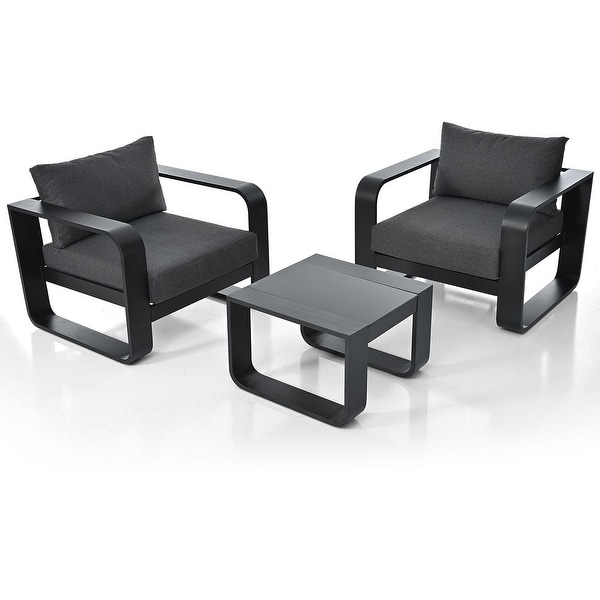 3 Pieces Patio Furniture Set，Tempered Glass Coffee Table with 2 Outdoor Upholstered Lounge Chairs