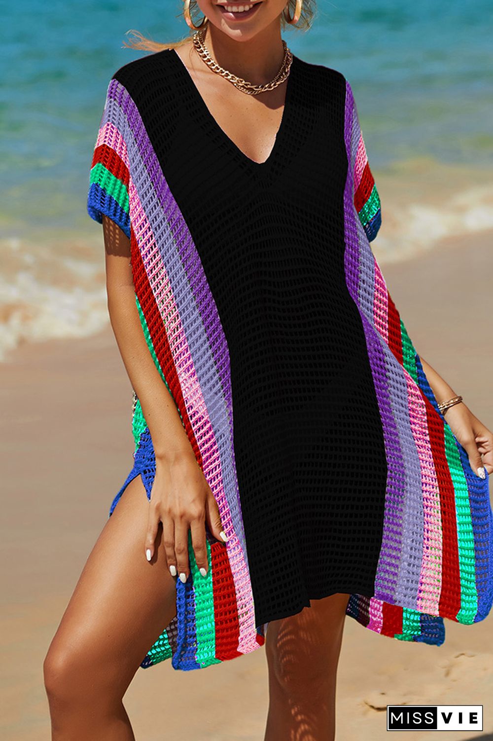 Rainbow Colorblock Splicing Beach Cover Up