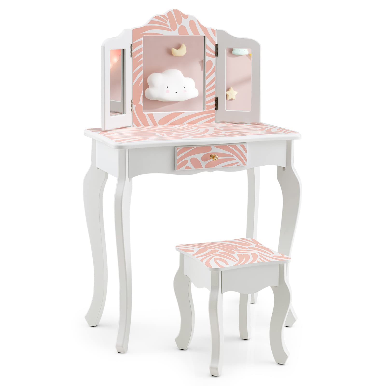 Costzon Kids Vanity Table and Chair Set, Girls Vanity Set with Mirror and Stool, Pretend Play Vanity Set for Little Girls