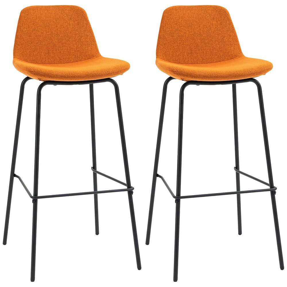 HOMCOM 29.5 Seat Height Bar Stools Set of 2， Upholstered Bar Chairs， Armless Barstools with Back， Steel Legs， Orange