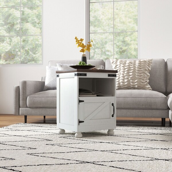 HOMCOM Small Side Table with Storage，Farmhouse End Table with Open Shelf and Cupboard，Modern Sofa Table with Wood Legs