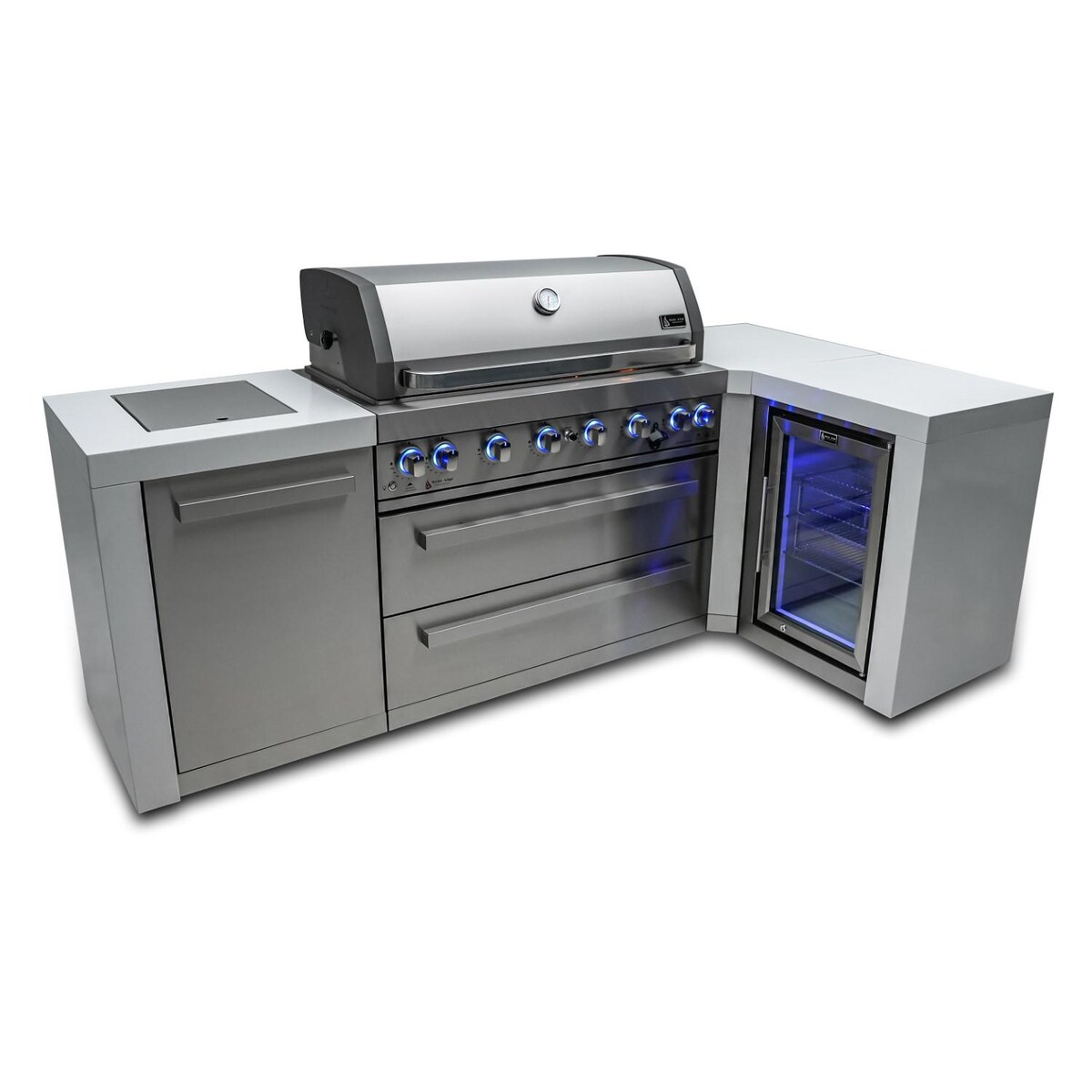 Mont Alpi 805 Deluxe 90 Degree Propane Gas Island Grill W/ Refrigerator Cabinet， Infrared Side Burner， and Rotisserie Kit