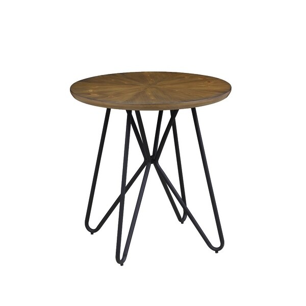 Dual Tone Round Wooden End Table with Metal Hairpin Legs， Brown and Black