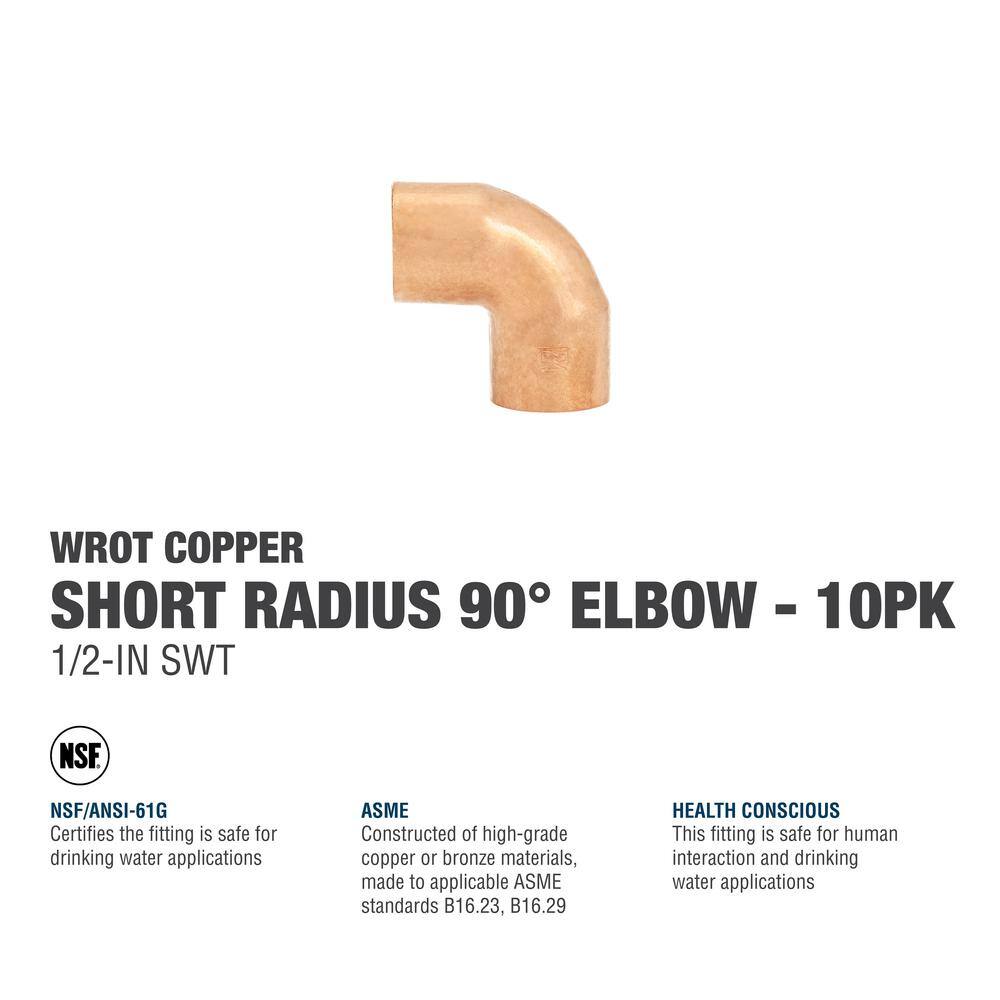 Everbilt 12 in. Copper Pressure 90-degree Cup x Cup Elbow Fitting (10-Pack) W 01622P10EB