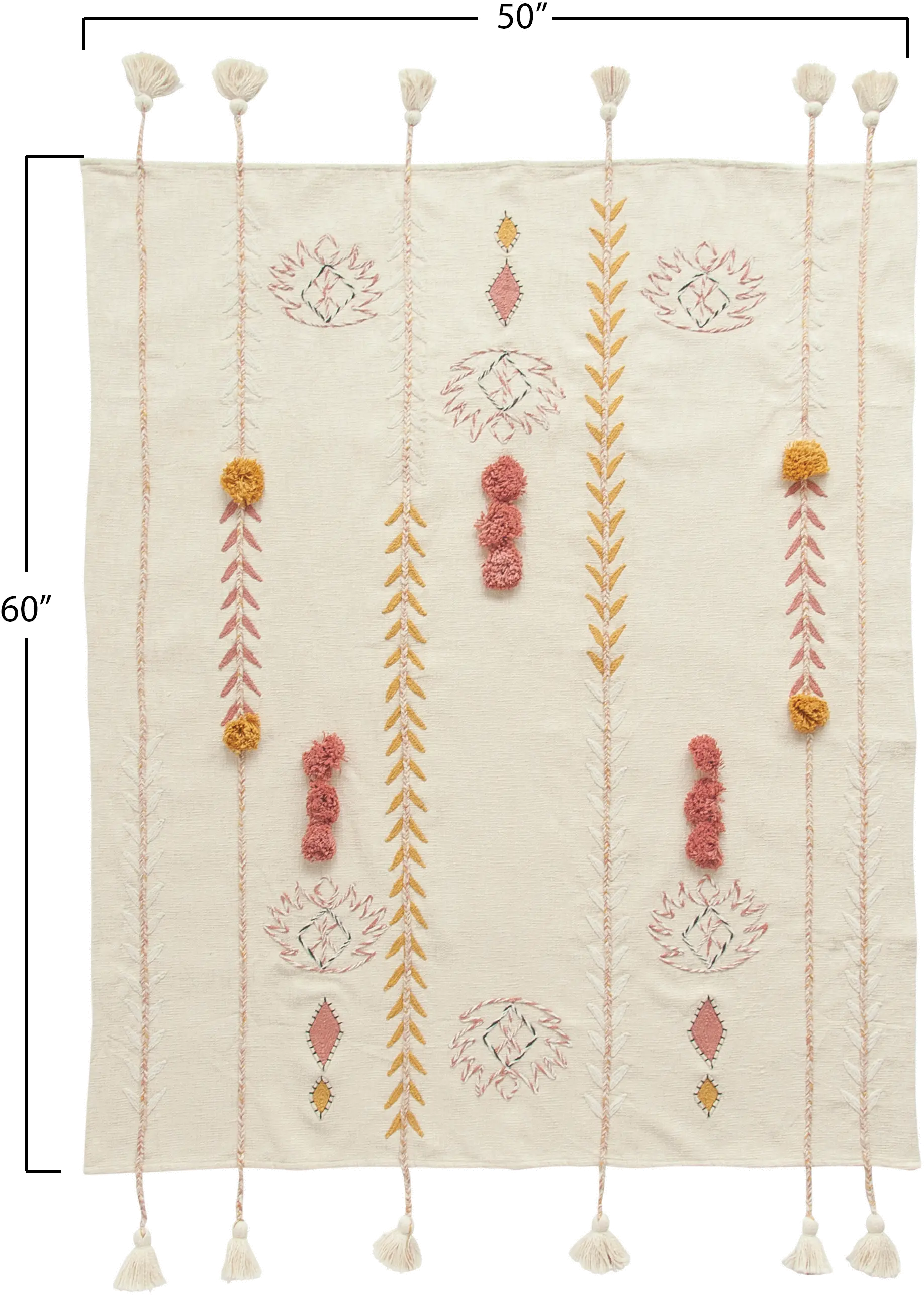 Cream Embroidered Throw Blanket with Tassels and Applique