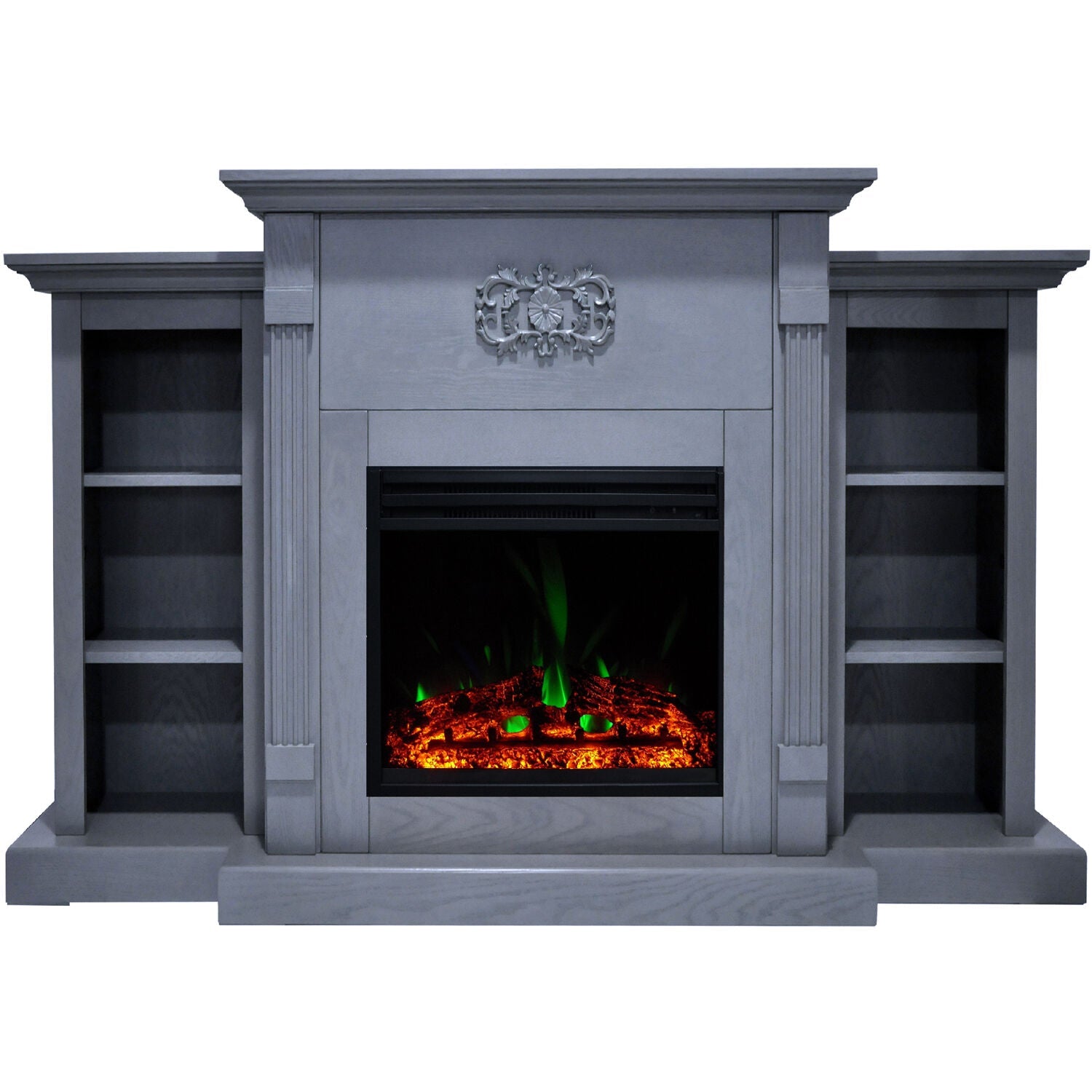 Cambridge Sanoma 72'' Electric Fireplace with Enhanced Charred Log Insert | Multi-Color Flame | For Rooms up to 210 Sq.Ft | Remote | Slate Blue Mantel | Adjustable Heat Settings