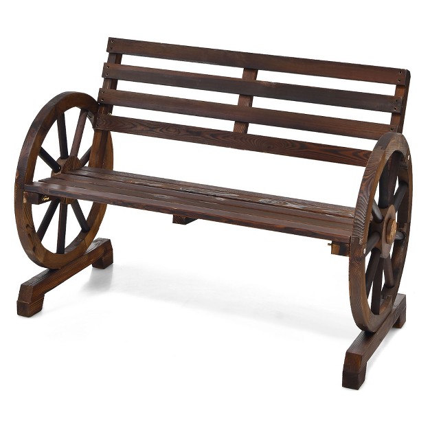 Costway Outdoor Wooden Wagon Wheel Garden Bench 2 person Slatted Seat Armrests Rustic