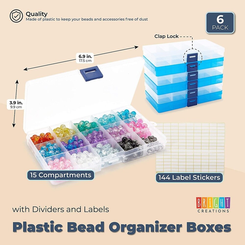 6 Pack Plastic Jewelry Organizer Box with Labels and Dividers for Custom Organization (7 x 4 x 1 in)