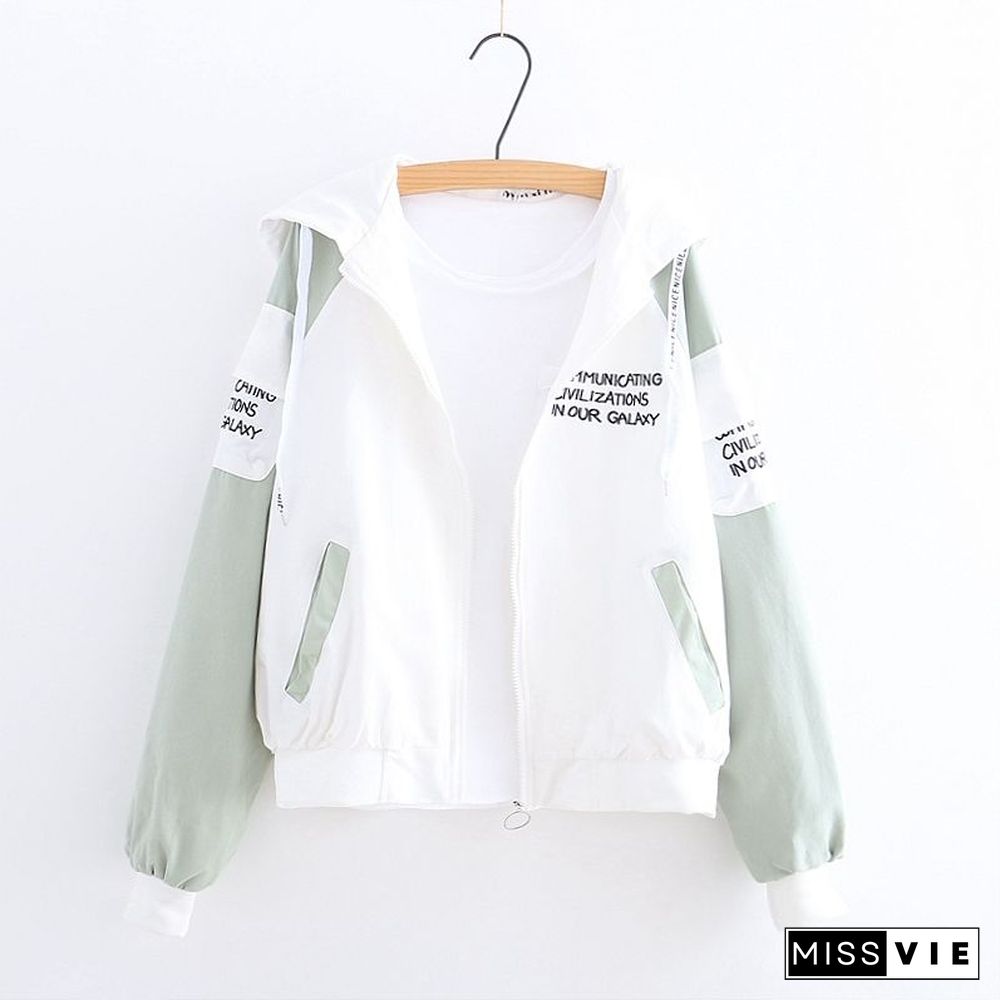 Autumn Jacket Hooded Women Causal Loose Lady Windbreaker Basic Coats Letter Outwears Lightweight Korean Fashion Overwear