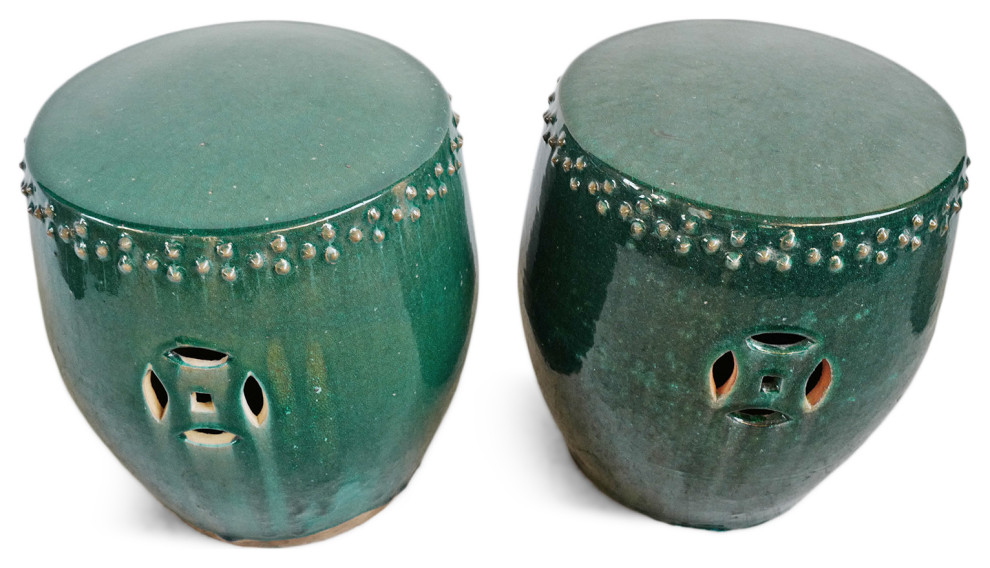 Teal Double Stud Ceramic Garden Stool   Asian   Accent And Garden Stools   by Design Mix Furniture  Houzz