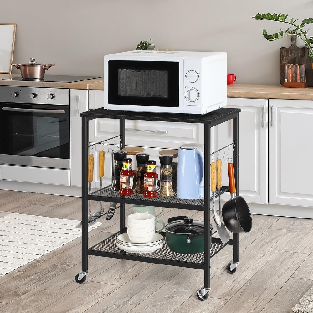 Bakers Rack Microwave Stand Cart with Storage Small Kitchen Island on Wheels Black Coffee Bar Cart 3 Tier Kitchen Shelf Stand