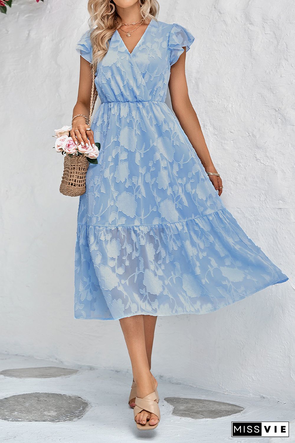 Plain Texture Floral V Neck Ruffles Maxi Dress