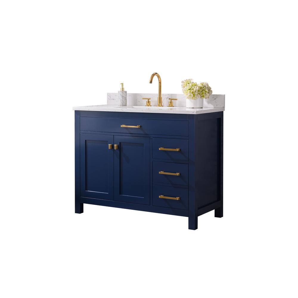 SUDIO Jasper 42 in. W x 22 in. D Bath Vanity in Navy Blue with Engineered Stone Vanity Top in Carrara White with White Basin Jasper-42NB