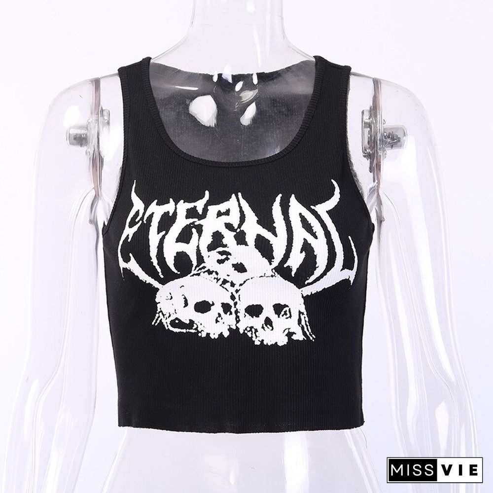 Sexy Punk Goth Crop Tops Women’s Summer Skull Print Vest Top Black White Fashion Round Neck Sleeveless Slim Tank Top Mujer