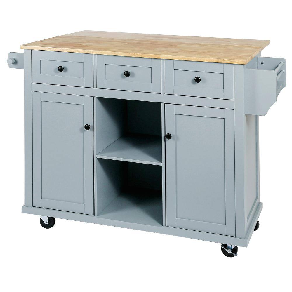 Blue Solid Wood Desktop 53 in. W Kitchen Island on 5 Wheels with Adjustable Shelves and 3 Drawers VJ056KIsland41