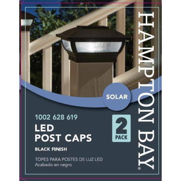 Hampton Bay 3.5 in. x 3.5 in. Outdoor Black Solar Integrated LED Plastic Post Cap Light with a 5.5 in. x 5.5 in. Adaptor (2-Pack) 2211-NP3