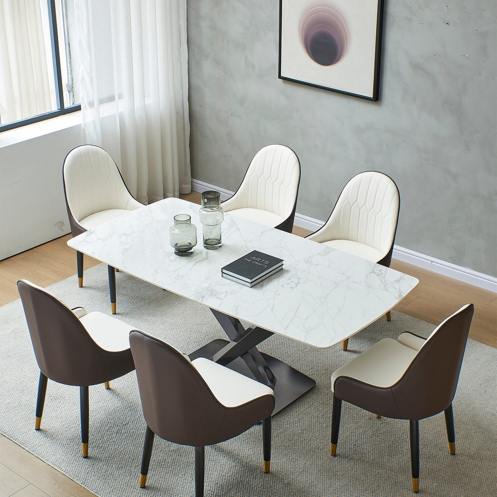 Sintered stone dinning table with 6 pcs Chairs  Carrara white color   Modern Dinning table 63inch with solid black frame